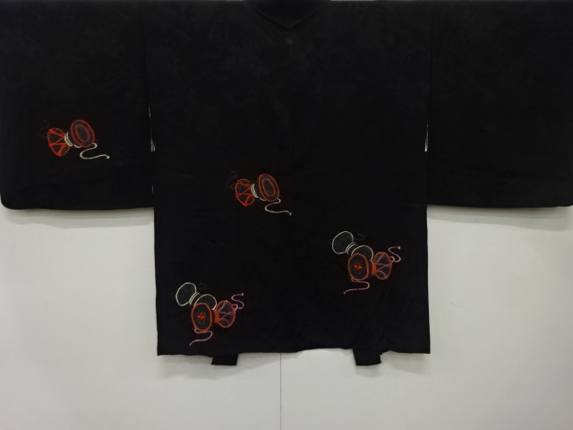 鼓模様　刺繍　一つ紋　絵羽織